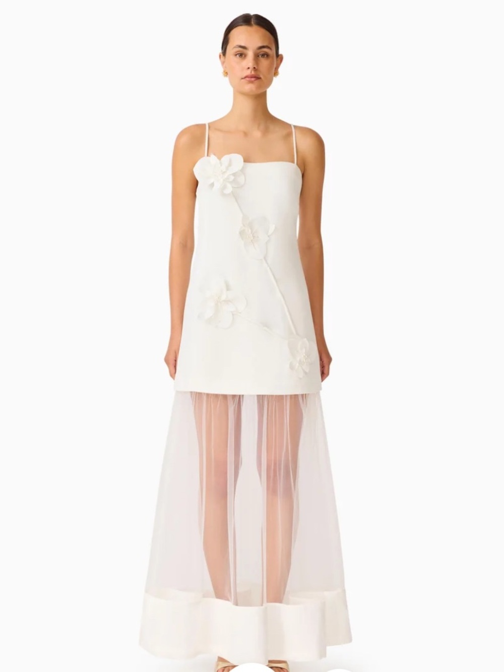 Elliatt White Strapless Mini Dress with Sheer Skirt and Floral Appliqués